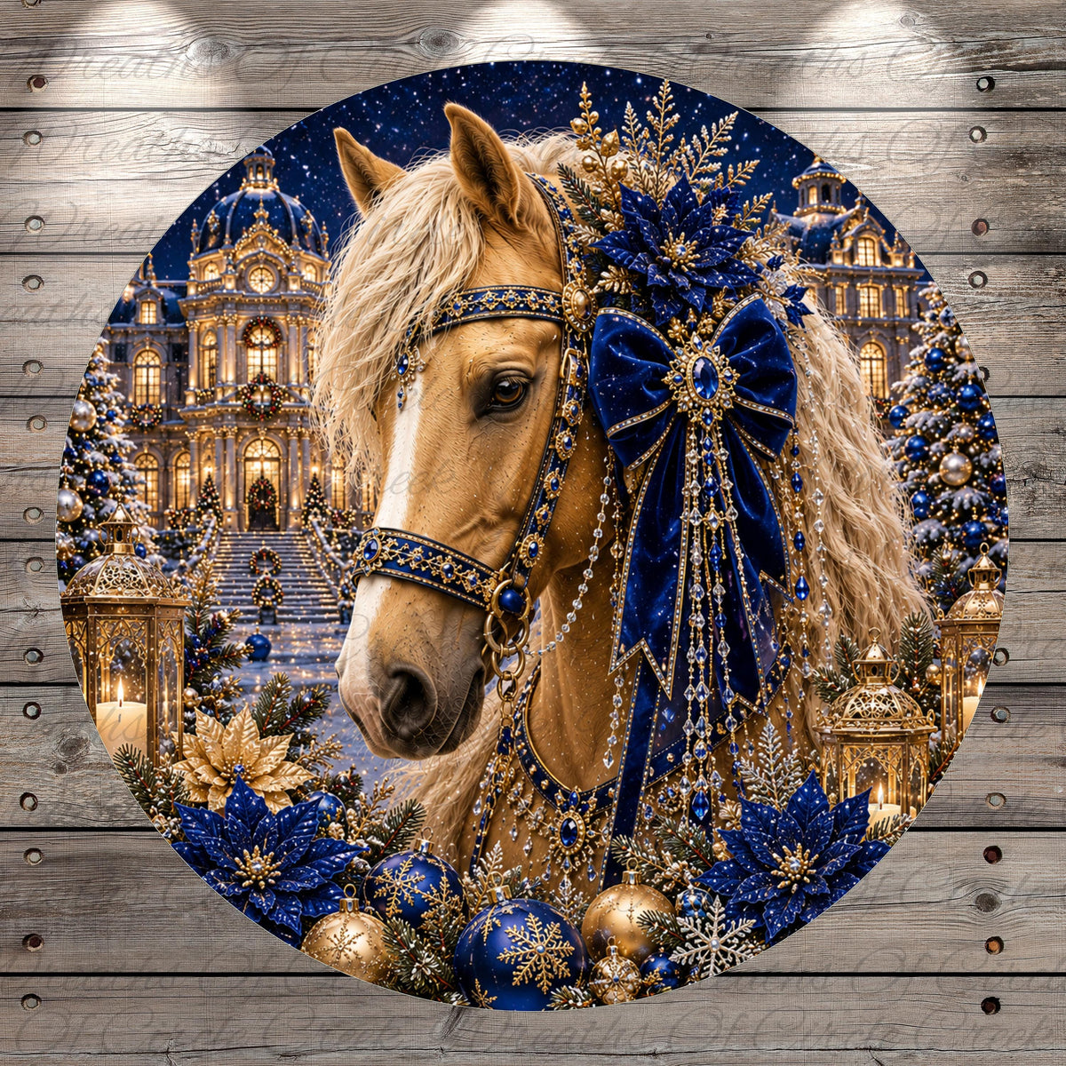 A beautifully decorated horse adorned with gold and blue ornaments, surrounded by a festive Christmas scene with a castle, trees, and lights.