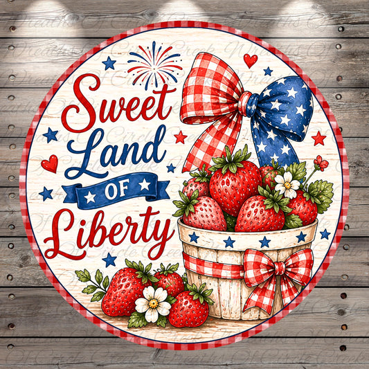 The image is a patriotic design featuring a basket of strawberries, a red and white checkered flag, and fireworks in the background.