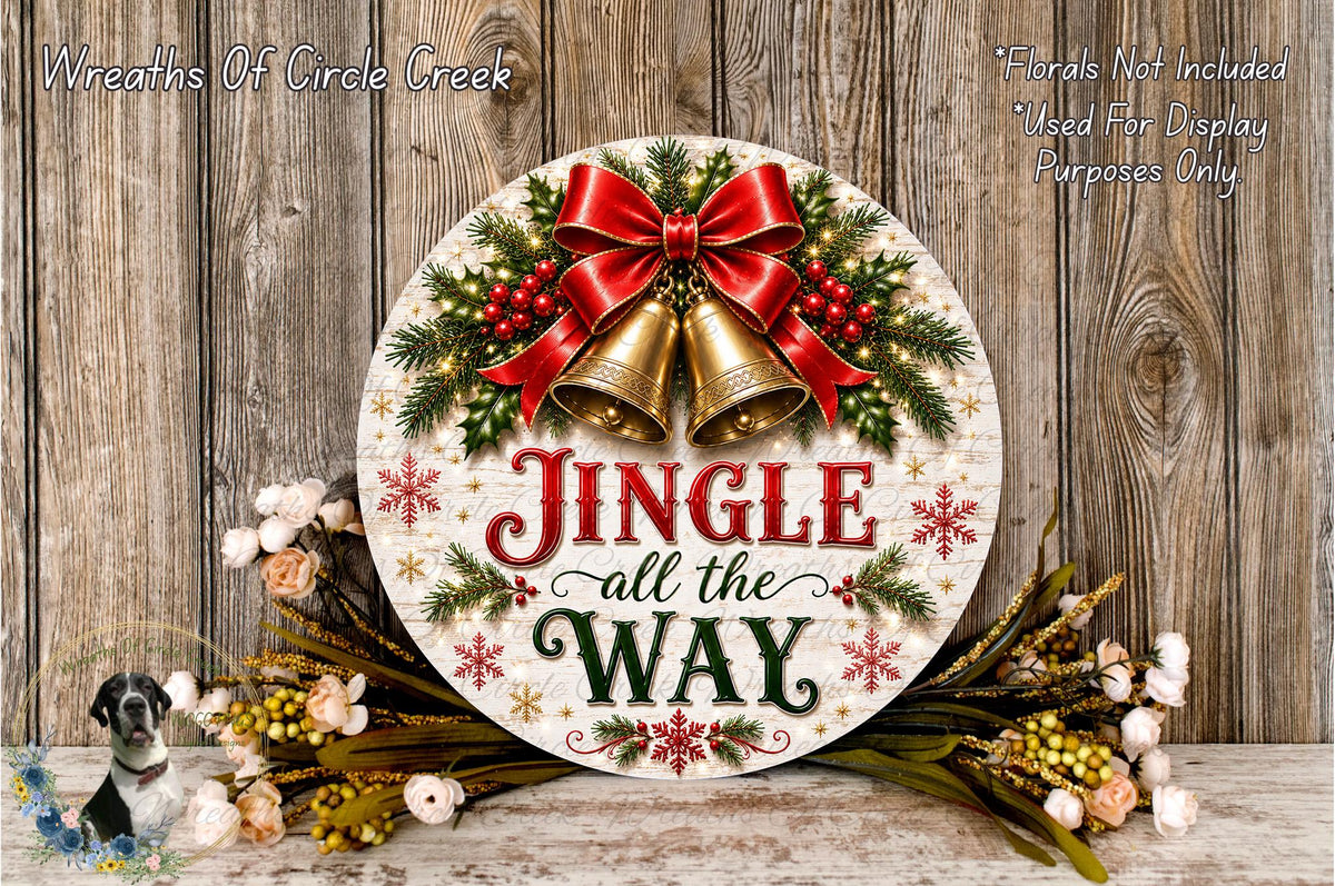 A festive Christmas wreath with a jingle bell and the text "Jingle all the Way" displayed on it, surrounded by holiday decorations such as flowers and greenery.
