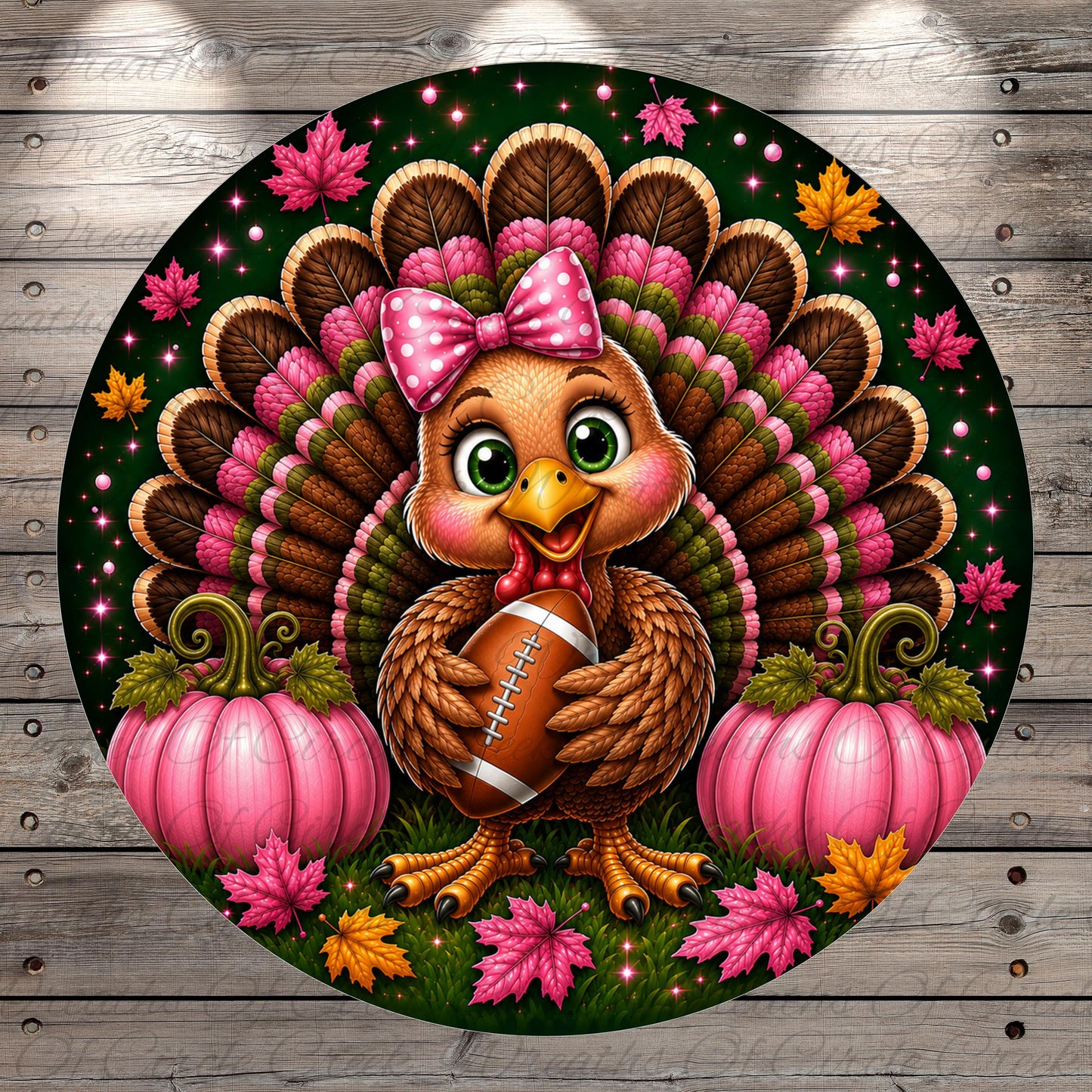 A cheerful cartoon turkey holding a football, surrounded by pumpkins, leaves, and stars, creating a festive Thanksgiving scene.