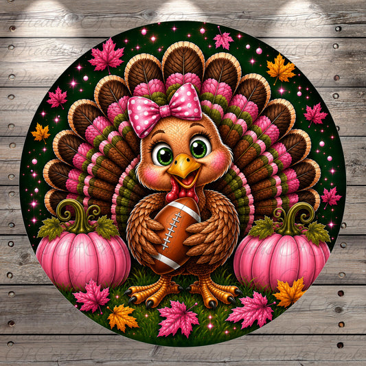 A cheerful cartoon turkey holding a football, surrounded by pumpkins, leaves, and stars, creating a festive Thanksgiving scene.