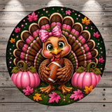 A cheerful cartoon turkey holding a football, surrounded by pumpkins, leaves, and stars, creating a festive Thanksgiving scene.