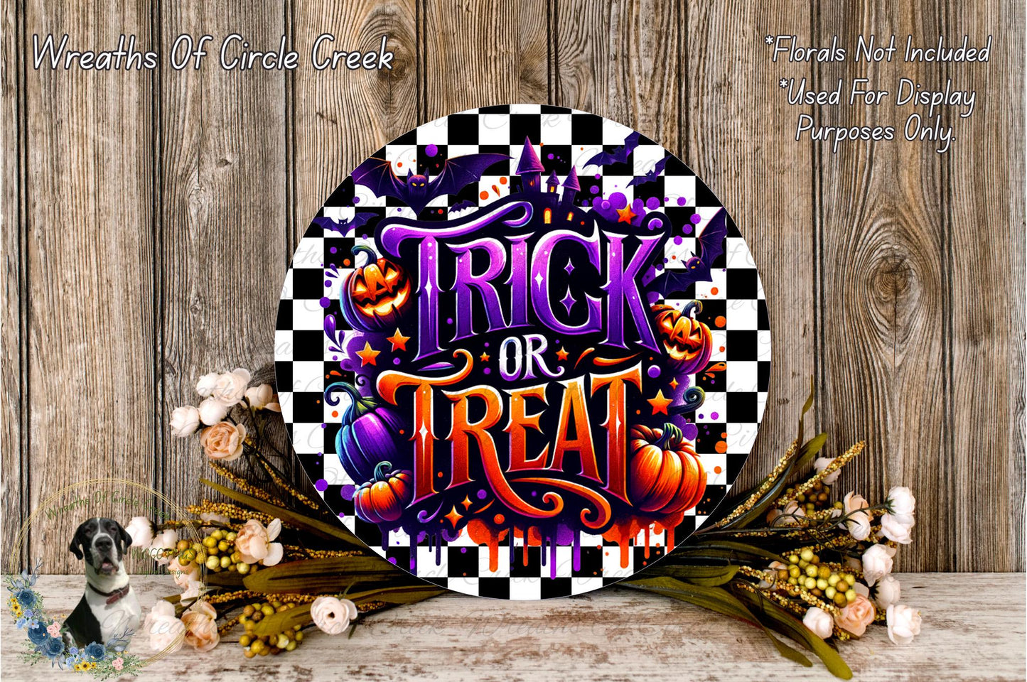 a Halloween-themed sign with the text "TRICK or TREAT" surrounded by a checkered pattern and various Halloween-related elements such as bats, pumpkins, and flowers.