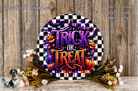 a Halloween-themed sign with the text "TRICK or TREAT" surrounded by a checkered pattern and various Halloween-related elements such as bats, pumpkins, and flowers.
