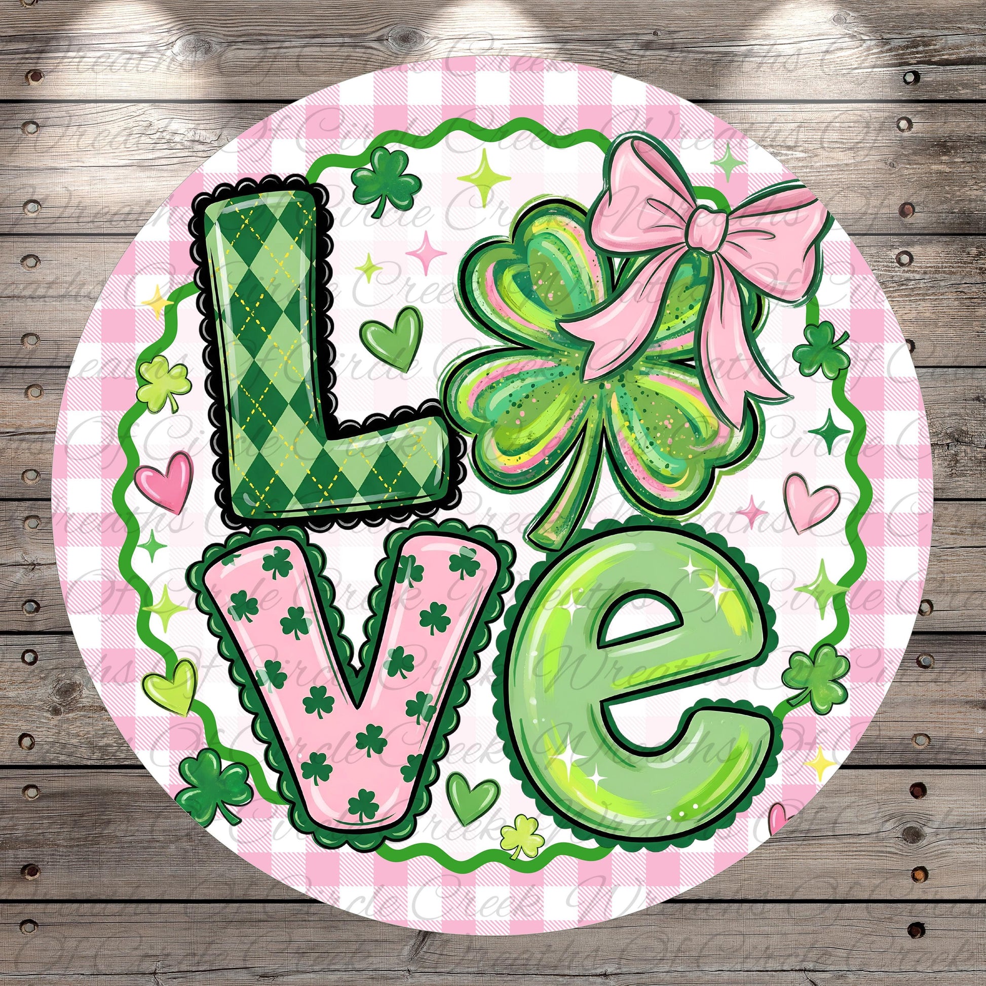 A circular design featuring the word "LOVE" surrounded by various Irish-themed elements such as a cloverleaf, a bow, and hearts.