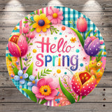 A colorful and vibrant illustration of a floral wreath with the text "Hello Spring" displayed prominently in the center.
