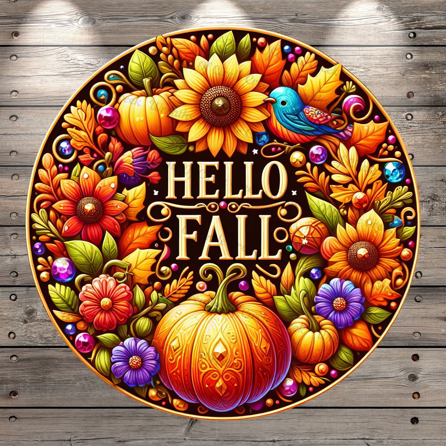 Hello Fall, Flowers, Blue Bird, Fall Foliage, Round, Light Weight, Metal Wreath Sign, No Holes In Sign