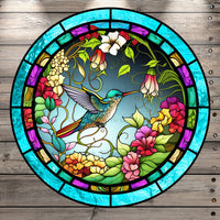 Hummingbird, Florals, Stained Glass Print, Round Metal, Wreath Sign, No Holes