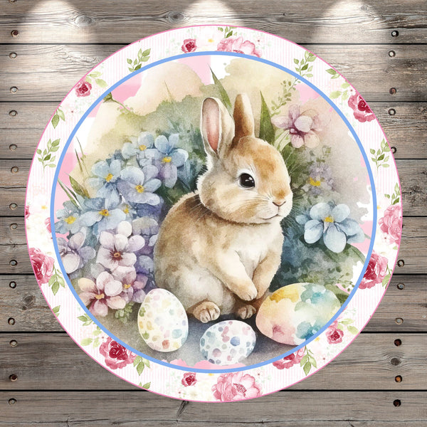 Easter Bunny, Easter Eggs, Pink, Florals, Watercolor, Shabby Chic, Light Weight, Metal Wreath Sign, Round, With No Holes