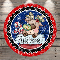 Cute Reindeer, Welcome, Christmas, Round, Light Weight, Metal ,Wreath Sign, No Holes In Sign