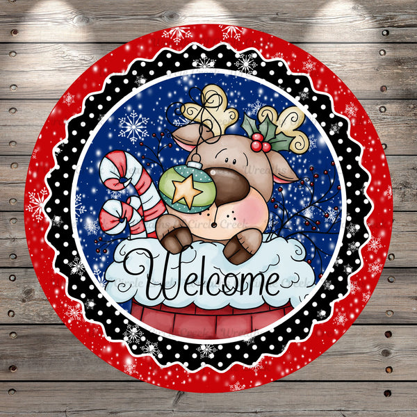 Cute Reindeer, Welcome, Christmas, Round, Light Weight, Metal ,Wreath Sign, No Holes In Sign