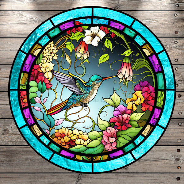 Hummingbird, Florals, Stained Glass Print, Round Metal, Wreath Sign, No Holes