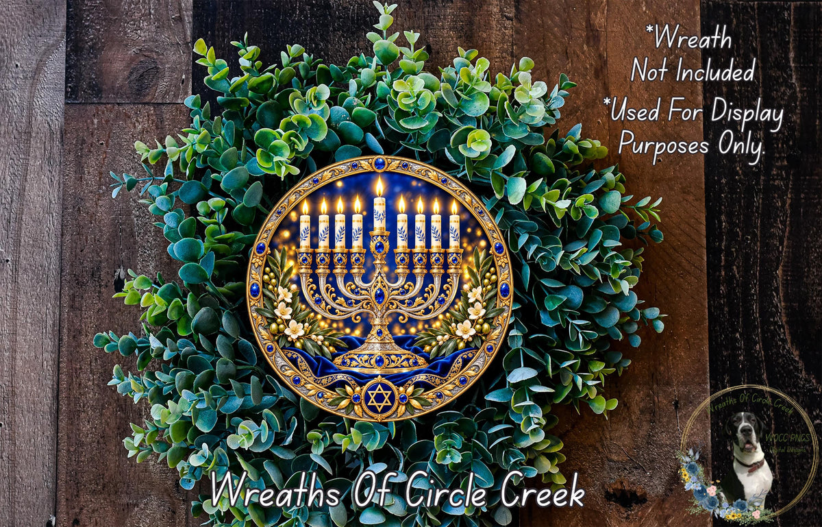A wreath with a large menorah at the center, surrounded by greenery.