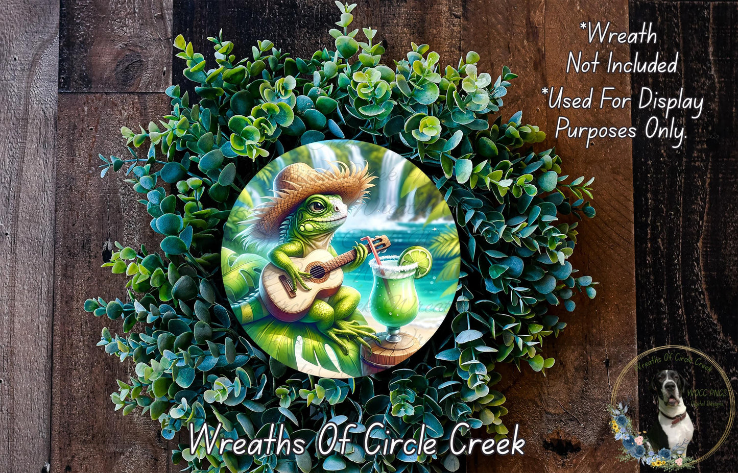 Tropical Iguana Beach Wreath Sign Coastal Summer Decor Aluminum Metal Wreath Sign (Lightweight, No Holes)