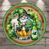 A cheerful cartoon leprechaun sitting in a glass of beer, surrounded by shamrocks and a bottle of St. Patrick's Day cheer.