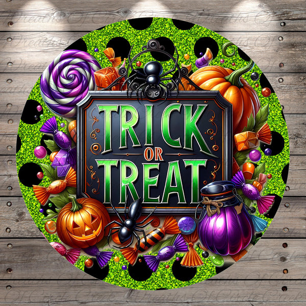 The image is a vibrant and colorful illustration featuring a Halloween-themed design. It includes various spooky and festive elements such as a pumpkin, spider, lollipop, candy, and a sign that says "TRICK OR TREAT". The overall composition is visually engaging and captures the essence of the Halloween season.