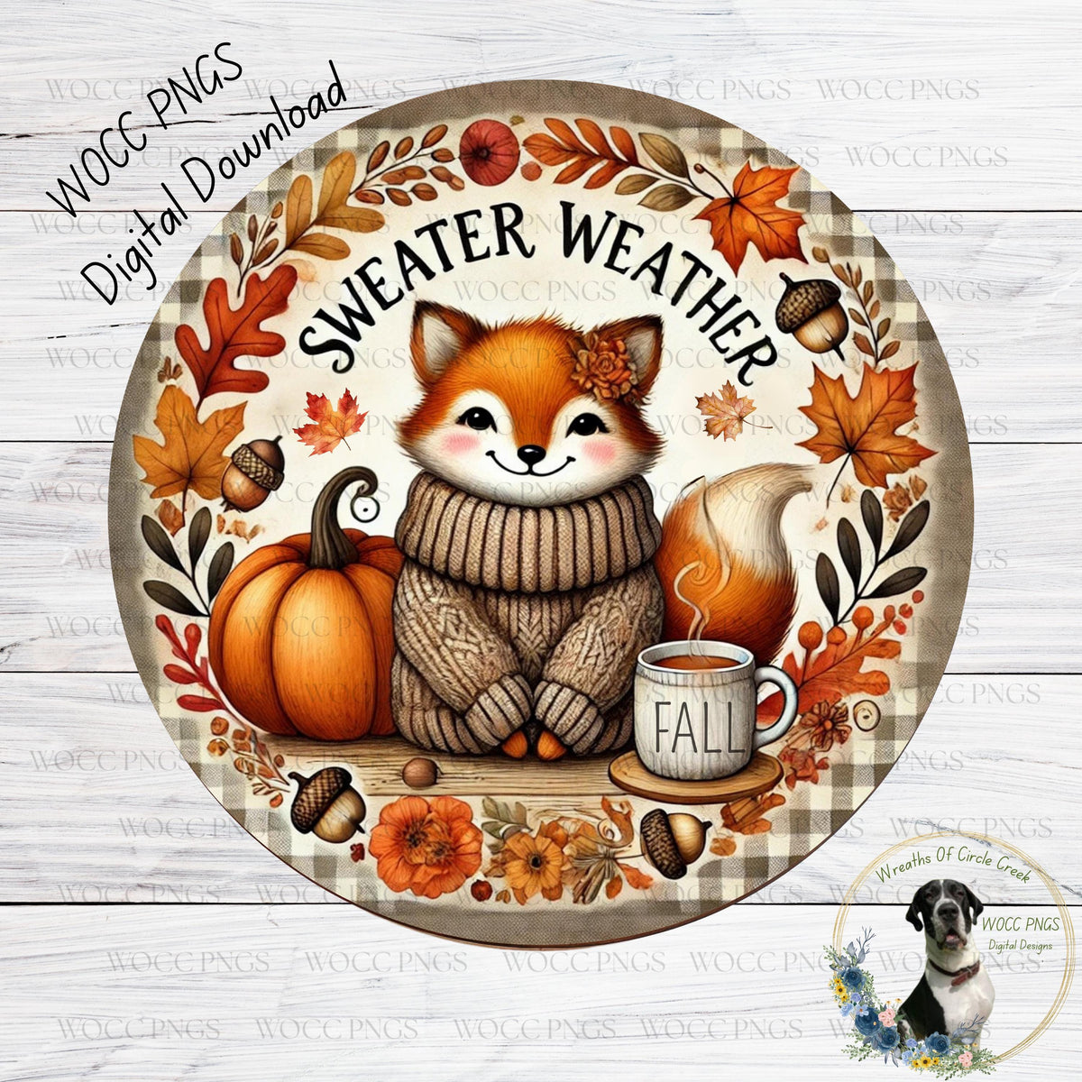 A round, decorative plate featuring a cartoon fox wearing a sweater and surrounded by autumn-themed elements such as leaves, pumpkins, and a cup of coffee.