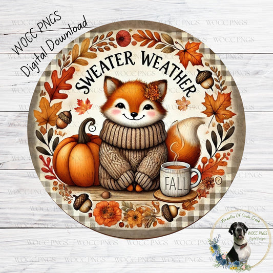 A round, decorative plate featuring a cartoon fox wearing a sweater and surrounded by autumn-themed elements such as leaves, pumpkins, and a cup of coffee.