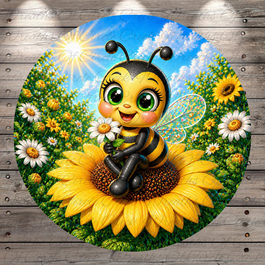 A cheerful cartoon bee sits on a large sunflower, surrounded by a field of flowers and a bright blue sky with fluffy white clouds.