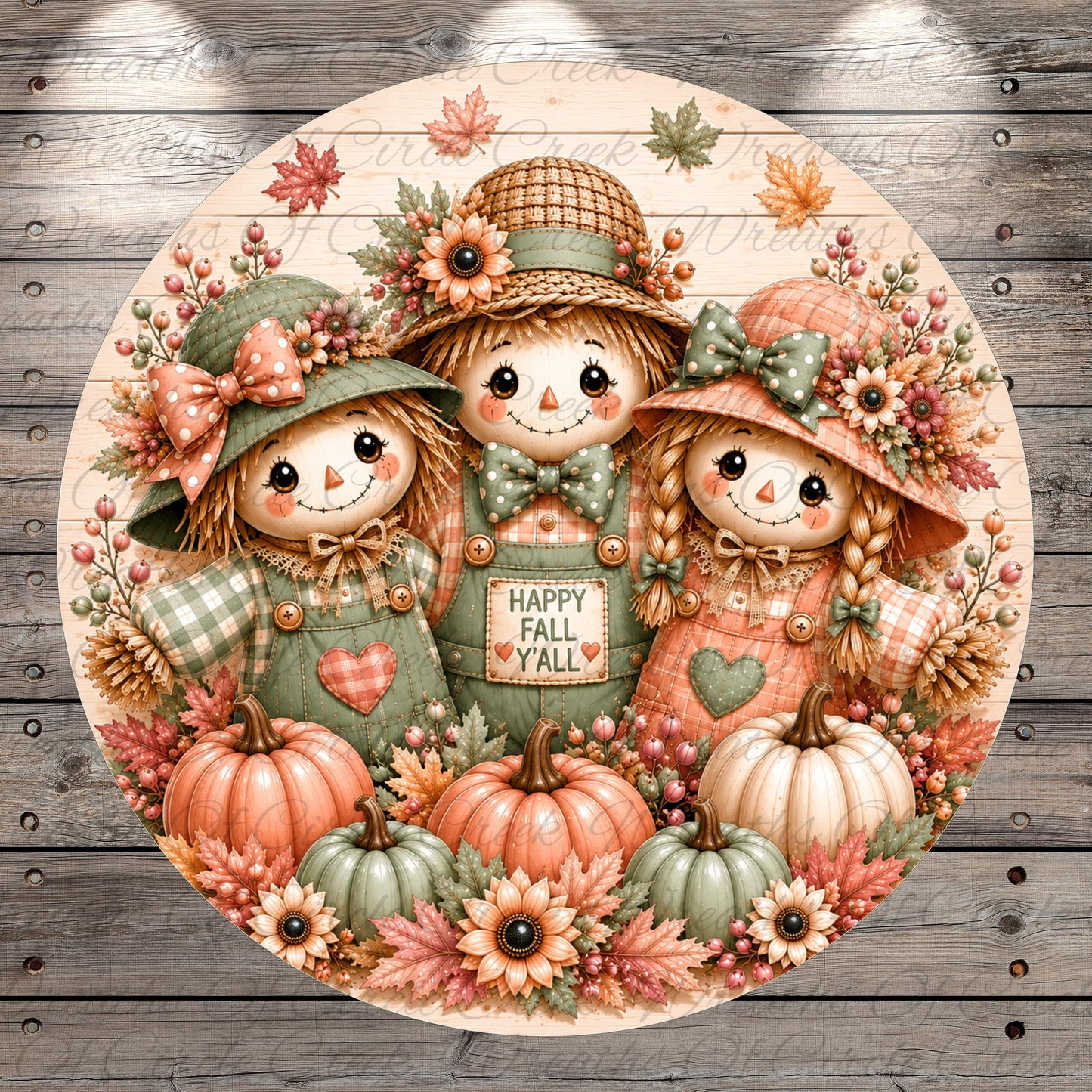 A circular illustration featuring three cheerful scarecrow dolls surrounded by autumn-themed elements such as pumpkins, flowers, and leaves.