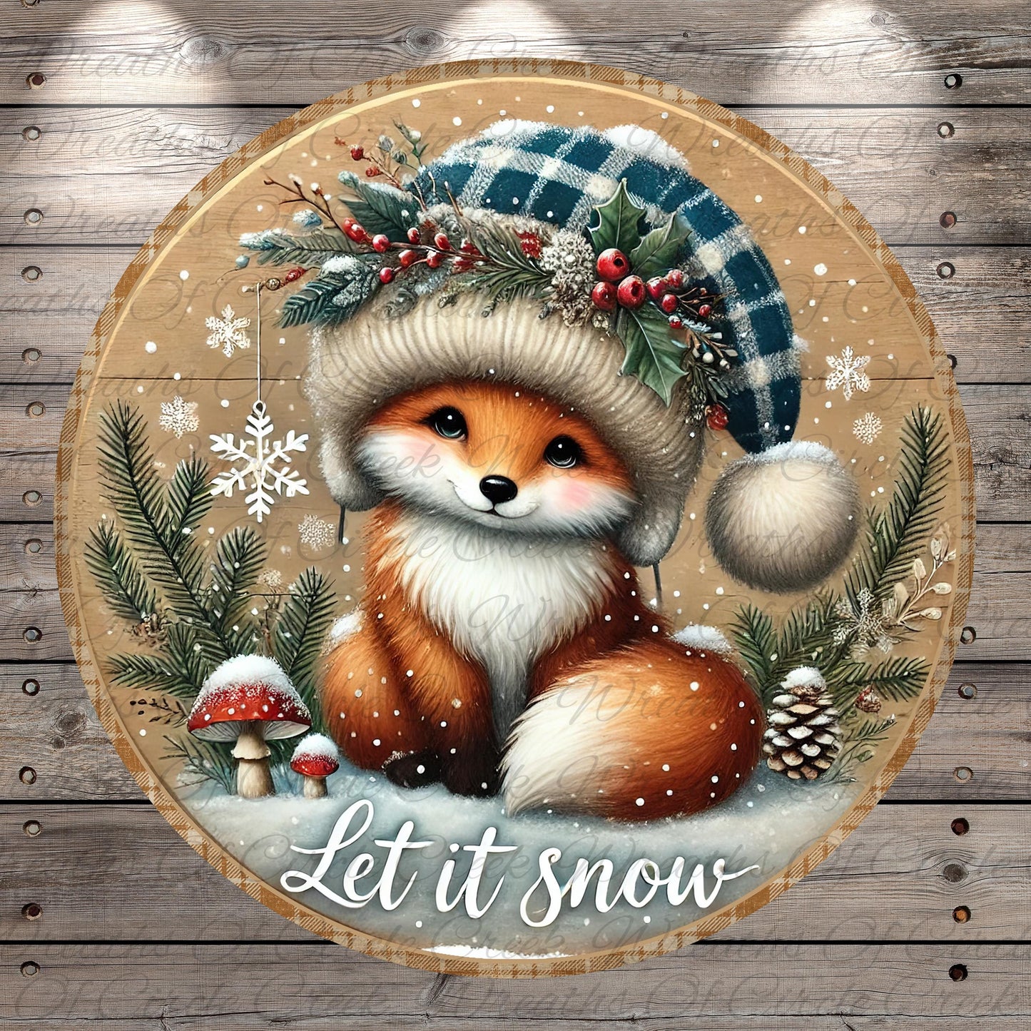 A cheerful fox wearing a plaid hat and surrounded by snow, pine trees, and mushrooms, with the text "Let it snow" below the image.