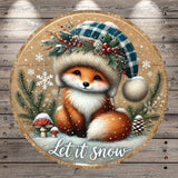 A cheerful fox wearing a plaid hat and surrounded by snow, pine trees, and mushrooms, with the text "Let it snow" below the image.