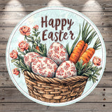 A round wicker basket filled with Easter eggs and carrots, surrounded by flowers, with the text "Happy Easter" displayed above it.