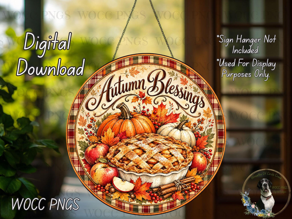 The image is a digital download of a pie sign with autumn-themed decorations, including a pie, pumpkins, apples, and cinnamon sticks.