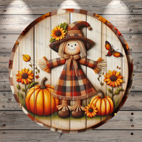 Scarecrow Girl, Fall Plaid, Pumpkins, Sunflowers, Faux Wood, Round, Light Weight, Metal, Wreath Sign, No Holes In Sign