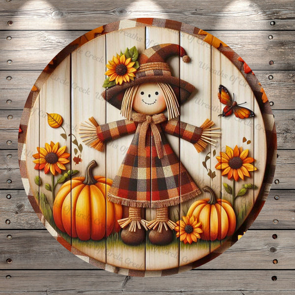 Scarecrow Girl, Fall Plaid, Pumpkins, Sunflowers, Faux Wood, Round, Light Weight, Metal, Wreath Sign, No Holes In Sign