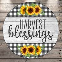 Harvest Blessings, Sunflowers, Wood Print, Plaid, Round UV Coated, Metal Sign, No Holes