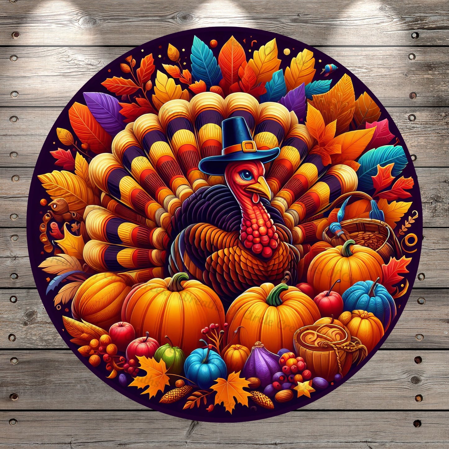 Turkey With Top Hat, Multicolor, Round, Light Weight ,Metal, Wreath Sign, No Holes In Sign