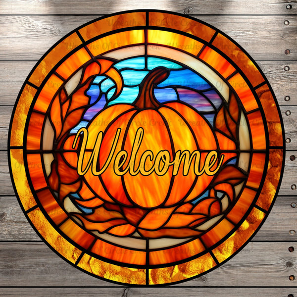 Pumpkin, Welcome, Stained Glass Print, Fall, Round UV Coated, Metal Sign, No Holes