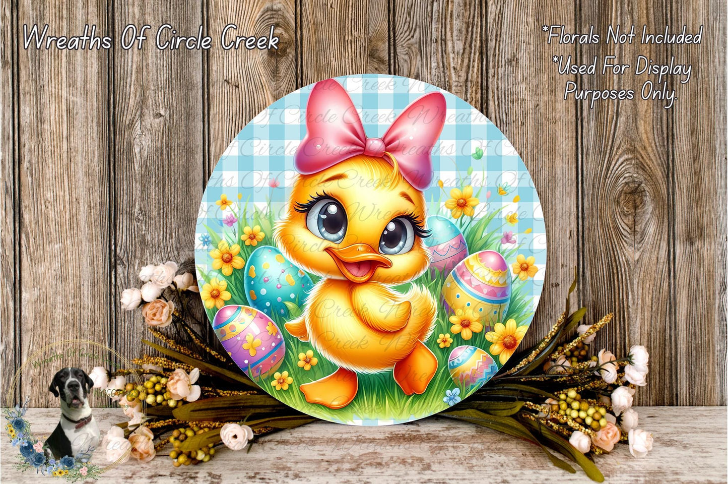 A cheerful yellow duck surrounded by colorful Easter eggs and flowers, with a bow on its head, set against a rustic wooden background.
