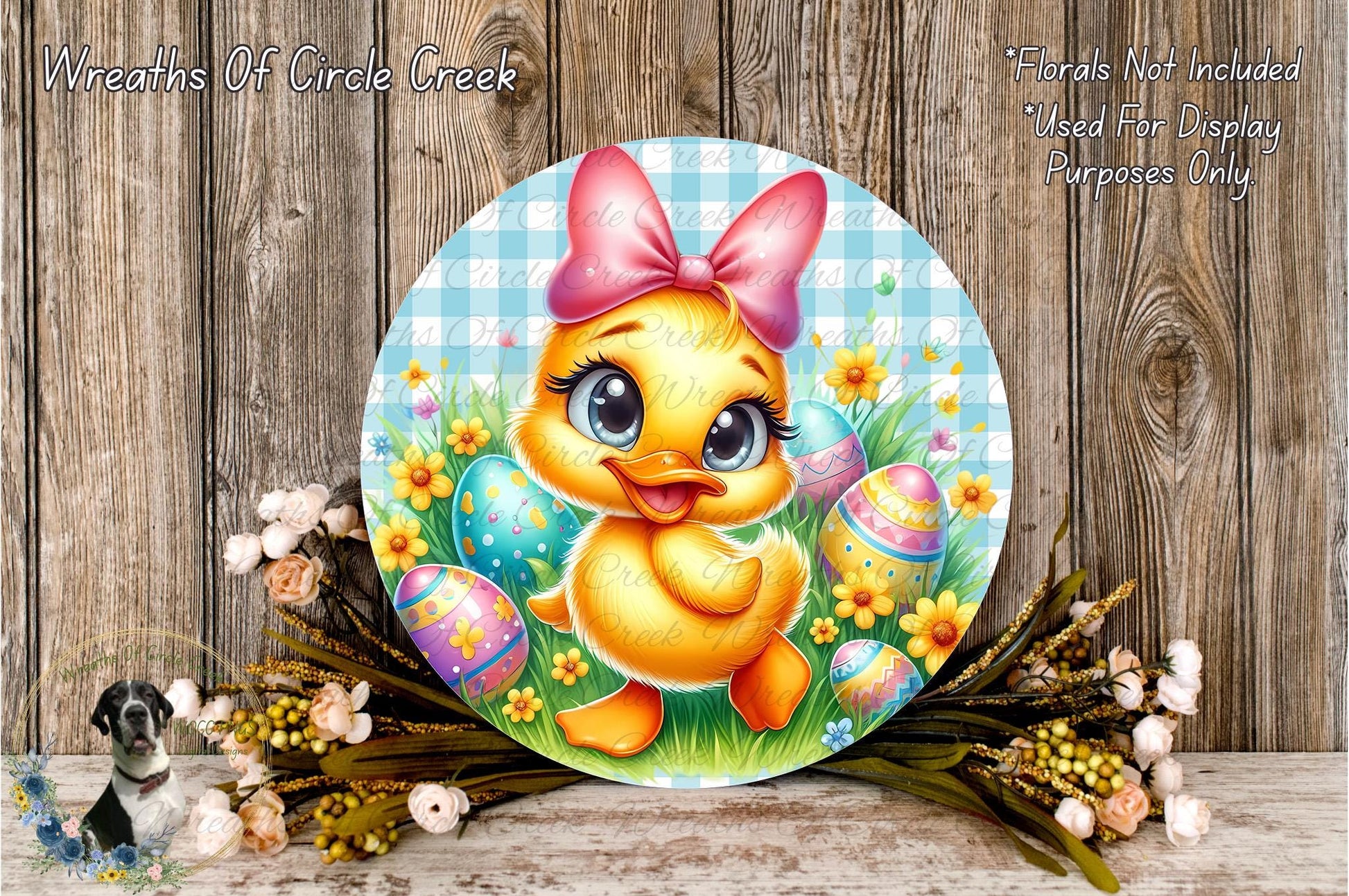A cheerful yellow duck surrounded by colorful Easter eggs and flowers, with a bow on its head, set against a rustic wooden background.
