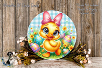 A cheerful yellow duck surrounded by colorful Easter eggs and flowers, with a bow on its head, set against a rustic wooden background.