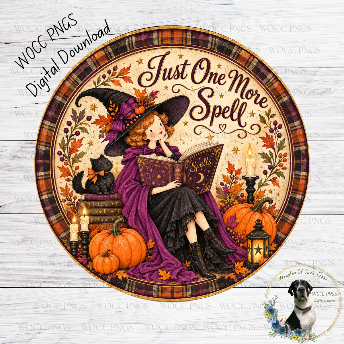 A digital illustration of a witch reading a book surrounded by autumn elements, including pumpkins, a cat, and a lantern. The text "Just One More Spell" is displayed above the witch, and the image is labeled as a "WCCPNGS" digital download.