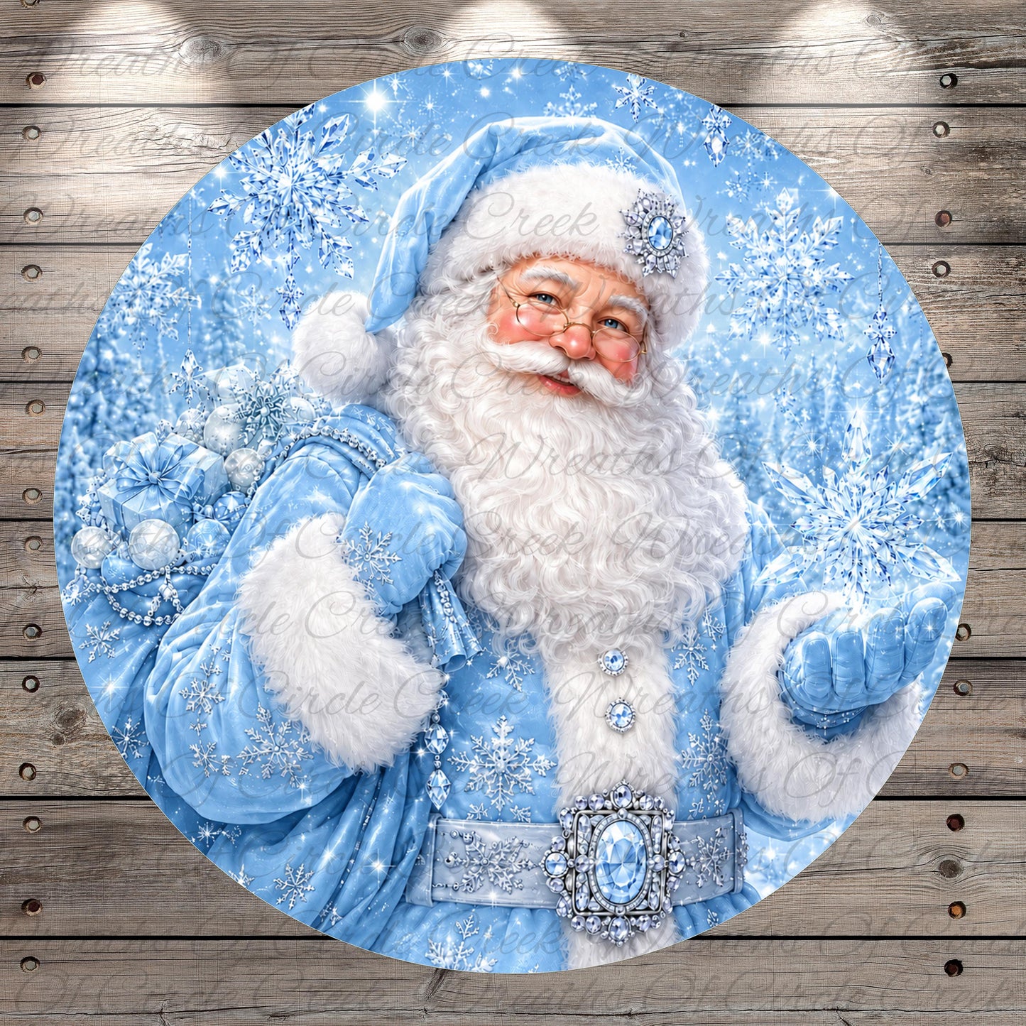 A round, blue-colored illustration of Santa Claus wearing a blue suit and hat, holding a bag of presents, with snowflakes falling around him.