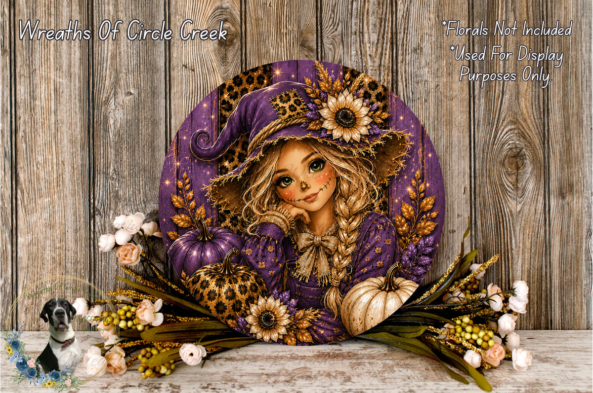 Purple Scarecrow Girl Round Aluminum Metal Wreath Sign, Leopard Pumpkins, Sunflower Fall Decor, Autumn Harvest, (Lightweight, No Holes)