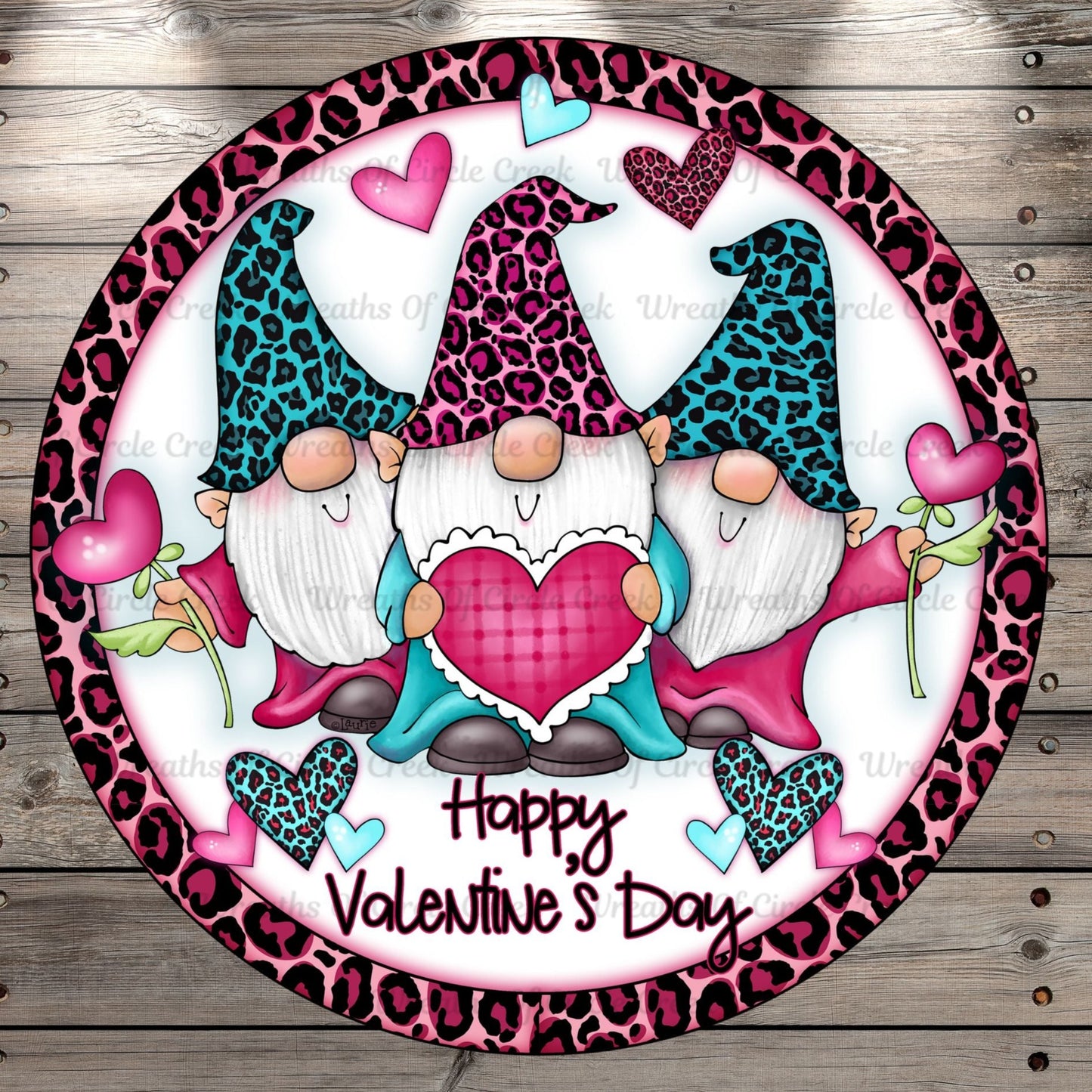 Happy Valentine's Day, Gnomes, Leopard, Round Metal Wreath Sign, No Holes