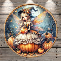 Mystical Fairy, Woodland, Fall, Halloween, Pumpkins, Round UV Coated, Metal, Light Weight, Wreath Sign, No Holes In Sign