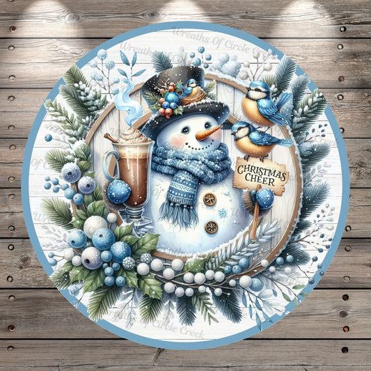 Snowman, CHRISTMAS CHEER, Blue Birds, Winter, Blue and White, Faux 3D, Round, Light Weight, Metal, Wreath Sign, No Holes In Sign