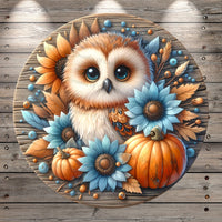 Fall Owl, Sunflowers, Blue, Orange, Pumpkins, Rustic Fall, Round, Light Weight, Metal, Wreath Sign, No Holes In Sign