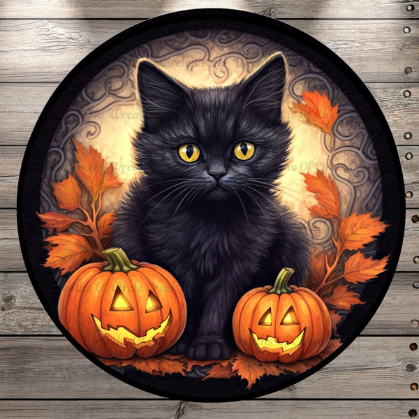 Halloween Kitten, Jack-O-Lanterns, Round UV Coated, Metal Sign, No Holes