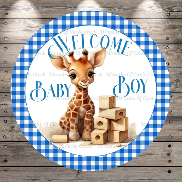 Baby Boy, Welcome, Baby Giraffe, Blue, Round Light Weight, Metal Wreath Sign, No Holes
