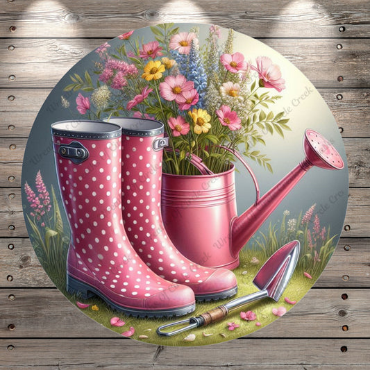 Pink, Rain Boots And Watering Can, Spring Florals, Polka Dots, Garden, Round, Lightweight, Metal Wreath Sign, No Holes