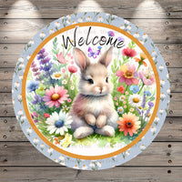 Welcome Bunny, Watercolor Florals, Spring, Easter, Round Light Weight, Metal Wreath Sign, No Holes