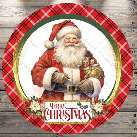 St. Nick, Merry Christmas, Santa Clause, Plaid Border, Gold, Round, Light Weight, Metal Wreath Sign, No Holes In Sign