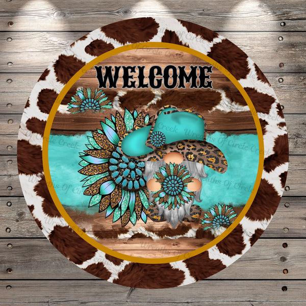 Welcome Gnome, Western, Sunflowers, Cow Print, Blue, Brown, Round, Light Weight, Metal Wreath, Sign, No Holes In Sign