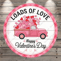 Valentine Truck, Loads Of Love, Happy Valentine's Day, Plaid, Hearts, Round, Light Weight, Metal Wreath Sign, No Holes In Sign